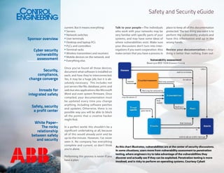 Safety and Security eGuide

Sponsor overview
Cyber security
vulnerability
assessment
Security,
compliance,
change converge
Inroads for
integrated safety
Safety, security
a profit center
White Paper–
The rocky
relationship
between safety
and security

current. But it means everything:
• Servers
• Network switches
• User terminals
• Desktop and laptop PCs
• PLCs and controllers
• Terminal racks
• Wireless transmitters and receivers
• Mobile devices on the network, and
• Everything else.

Talk to your people—The individuals
who work with your networks may be
very familiar with specific parts of your
systems, and may have some ideas of
where vulnerabilities exist. Make sure
your discussions don’t turn into interrogations if you want cooperation. Also
make certain that you have a process in

place to keep all of this documentation
protected. The last thing you want is to
perform the vulnerability analysis and
have this information end up in the
wrong hands.
Review your documentation—Anything is better than nothing. Even out-

Once you’ve found all those devices,
document what software is installed on
each, and how they’re interconnected.
Yes, it may be a huge job, but it is absolutely necessary. This includes not
just servers like file, database, print, and
web but also applications like Microsoft
Word and even system firmware. Once
compiled, your documentation must
be updated every time you change
anything, including software patches
and updates. Otherwise, there is no
possible way you will be able to block
all the points that a creative hacker
might find.
In a perfect world, this shouldn’t be a
significant undertaking at all, because
all of this would already exist and be
up-to-the-minute. However, I’ve never
seen it. No company has everything
complete and current, so don’t think
you’re alone.
Performing this process is easier if you
have a plan:

As this chart illustrates, vulnerabilities are at the center of security discussions.
In some situations, users move from vulnerability assessment to penetration
testing, where engineers try to take advantage of the vulnerabilities they
discover and actually see if they can be exploited. Penetration testing is more
involved, and is risky to perform on operating systems. Courtesy Cybati

 