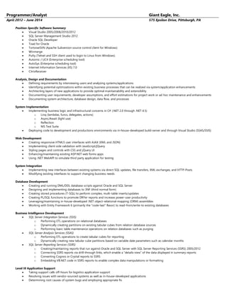 Programmer/Analyst Giant Eagle, Inc.
April 2012 – June 2014 575 Epsilon Drive, Pittsburgh, PA
Position-Specific Software Summary
 Visual Studio 2005/2008/2010/2012
 SQL Server Management Studio 2012
 Oracle SQL Developer
 Toad for Oracle
 TortoiseSVN (Apache Subversion source control client for Windows)
 Winmerge
 Putty (Telnet and SSH client used to login to Linux from Windows)
 Automic / UC4 (Enterprise scheduling tool)
 AutoSys (Enterprise scheduling tool)
 Internet Information Services (IIS) 7.0
 CitrixReceiver
Analysis, Design and Documentation
 Defining requirements by interviewing users and analyzing systems/applications
 Identifying potential optimizations within existing business processes that can be realized via system/application enhancements
 Architecting layers of new applications to provide optimal maintainability and extensibility
 Documenting user requirements, developer assumptions, and effort estimations for project work or ad hoc maintenance and enhancements
 Documenting system architecture, database design, data flow, and processes
System Implementation
 Implementing business logic and infrastructural concerns in C# (.NET 2.0 through .NET 4.5)
o Linq (lambdas, funcs, delegates, actions)
o Async/Await (light use)
o Reflection
o MS Test Suite
 Deploying code to development and productions environments via in-house-developed build-server and through Visual Studio (SSAS/SSIS)
Web Development
 Creating responsive HTML5 user interfaces with AJAX (XML and JSON)
 Implementing client-side validation with JavaScript/jQuery
 Styling pages and controls with CSS and jQuery UI
 Enhancing/maintaining existing ASP.NET web forms apps
 Using .NET WebAPI to simulate third party application for testing
System Integration
 Implementing new interfaces between existing systems via direct SQL updates, file transfers, XML exchanges, and HTTP-Posts
 Modifying existing interfaces to support changing business needs
Database Development
 Creating and running DML/DDL database scripts against Oracle and SQL Server
 Designing and implementing databases to 3NF (third normal form)
 Creating stored procedures (T-SQL) to perform complex, multi-table inserts/updates
 Creating PL/SQL functions to promote DRYer reports and increase power-user productivity
 Leveraging/maintaining in-house-developed .NET object-relational-mapping (ORM) assemblies
 Working with Entity Framework 6 (primarily the "code-last" flavor) to read-from/write-to existing databases
Business Intelligence Development
 SQL Server Integration Services (SSIS)
o Performing ETL operations on relational databases
o Dynamically creating partitions on existing tabular cubes from relation database sources
o Performing basic table maintenance operations on relation databases such as purging
 SQL Server Analysis Services (SSAS)
o Performing ETL operations to create tabular cubes for reporting
o Dynamically creating new tabular cube partitions based on variable date parameters such as calendar months
 SQL Server Reporting Services (SSRS)
o Creating/maintaining reports that run against Oracle and SQL Server with SQL Server Reporting Services (SSRS) 2005/2012
o Connecting SSRS reports via drill-through links, which enable a “details-view” of the data displayed in summary reports
o Converting Cognos or Crystal reports to SSRS
o Embedding VB.NET code in SSRS reports to enable complex data manipulations or formatting
Level III Application Support
 Taking support calls off-hours for logistics application support
 Resolving issues with vendor-sourced systems as well as in-house-developed applications
 Determining root causes of system bugs and employing appropriate fix
 