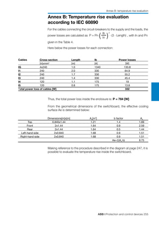 ABB | Protection and control devices 255
Annex B: Temperature rise evaluation
according to IEC 60890
Annex B: temperature rise evaluation
	
	 	 Dimensions[m]x[m]	 A0
[m2
]	 b factor	 A0
	 Top	 0.840x1.44	 1.21	 1.4	 1.69
	 Front	 2x1.44	 1.64	 0.9	 2.59
	 Rear	 2x1.44	 1.64	 0.5	 1.44
	 Left-hand side	 2x0.840	 1.68	 0.9	 1.51
	 Right-hand side	 2x0.840	 1.68	 0.9	 1.51
				 Ae=Σ(A0
⋅b)	 8.75
Making reference to the procedure described in the diagram at page 247, it is
possible to evaluate the temperature rise inside the switchboard.
Cables	 Cross-section	 Length	 Ib	 Power losses	
	 [n]xmm2
	 [m]	 [A]	 [W]	
IG	 4x240	 1.0	 1340	 133.8	
I1	 240	 2.0	 330	 64.9	
I2	 240	 1.7	 330	 55.2	
I3	 240	 1.4	 330	 45.4	
I4	 120	 1.1	 175	 19	
I5	 120	 0.8	 175	 13.8	
Total power loss of cables [W]			 332	
For the cables connecting the circuit-breakers to the supply and the loads, the
power losses are calculated as 	 , with In and Pn
given in the Table 4.
Here below the power losses for each connection:
Thus, the total power loss inside the enclosure is: P = 784 [W]
From the geometrical dimensions of the switchboard, the effective cooling
surface Ae is determined below:
P = Pn (
Ib
)
2
. (3 . Length)
In
 