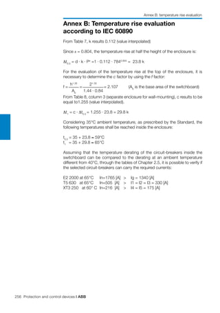 256 Protection and control devices | ABB
Annex B: Temperature rise evaluation
according to IEC 60890
Annex B: temperature rise evaluation
From Table 7, k results 0.112 (value interpolated)
Since x = 0.804, the temperature rise at half the height of the enclosure is:
∆t0.5
= d ⋅ k ⋅ Px
=1 ⋅ 0.112 ⋅ 7840.804
= 23.8 k
For the evaluation of the temperature rise at the top of the enclosure, it is
necessary to determine the c factor by using the f factor:
	 (Ab
is the base area of the switchboard)
From Table 8, column 3 (separate enclosure for wall-mounting), c results to be
equal to1.255 (value interpolated).
∆t1
= c ⋅ ∆t0.5
= 1.255 ⋅ 23.8 = 29.8 k
Considering 35°C ambient temperature, as prescribed by the Standard, the
following temperatures shall be reached inside the enclosure:
t0.5
= 35 + 23.8 ≈ 59°C
t1
= 35 + 29.8 ≈ 65°C
Assuming that the temperature derating of the circuit-breakers inside the
switchboard can be compared to the derating at an ambient temperature
different from 40°C, through the tables of Chapter 2.5, it is possible to verify if
the selected circuit-breakers can carry the required currents:
E2 2000 at 65°C	 In=1765 [A] 	>	 Ig = 1340 [A]
T5 630 at 65°C	 In=505 [A] 	 > 	 I1 = I2 = I3 = 330 [A]
XT3 250 at 60° C	 In=216 [A] 	 > 	 I4 = I5 = 175 [A]
f =
h1.35
Ab
=
21.35
1.44 ⋅ 0.84
= 2.107
 