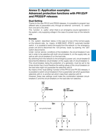 ABB | Protection and control devices 257
Annex C: Application examples
Advanced protection functions with PR123/P
and PR333/P releases
Dual Setting
Thanks to the new PR123 and PR333 releases, it is possible to program two
different sets of parameters and, through an external command, to switch
from one set to the other.
This function is useful when there is an emergency source (generator) in
the system, only supplying voltage in the case of a power loss on the network
side.
Example:
In the system described below, in the case of a loss of the normal supply
on the network side, by means of ABB SACE ATS010 automatic transfer
switch, it is possible to switch the supply from the network to the emergency
power unit and to disconnect the non-primary loads by opening the QS1
switch-disconnector.
Under normal service conditions of the installation, the circuit-breakers C are
set in order to be selective with both circuit-breaker A, on the supply side, as
well as with circuit-breakers D on the load side.
By switching from the network to the emergency power unit, circuit-breaker B
becomes the reference circuit-breaker on the supply side of circuit-breakers C.
This circuit-breaker, being the protection of a generator, must be set to trip
times shorter than A and therefore the setting values of the circuit-breakers on
the load side might not guarantee the selectivity with B.
By means of the “dual setting” function of the PR123 and PR 333 releases, it
is possible to switch circuit-breakers C from a parameter set which guarantees
selectivity with A, to another set which make them selective with B.
However, these new settings could make the combination between circuit-
breakers C and the circuit-breakers on the load side non-selective.
1SDC008049F0201
U
A
TM1
Un2=400V G
B
GS1
Un=400V
E QS1
non-priority loads
QS2
D D D
C C C
 