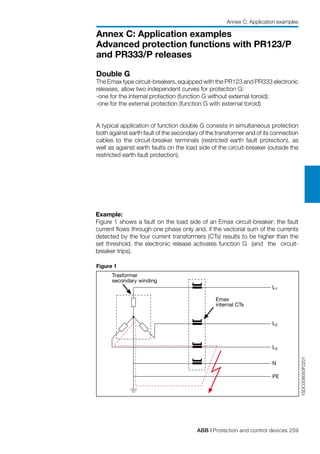 ABB | Protection and control devices 259
Annex C: Application examples
Advanced protection functions with PR123/P
and PR333/P releases
Annex C: Application examples
Double G
The Emax type circuit-breakers, equipped with the PR123 and PR333 electronic
releases, allow two independent curves for protection G:
-one for the internal protection (function G without external toroid);
-one for the external protection (function G with external toroid)
A typical application of function double G consists in simultaneous protection
both against earth fault of the secondary of the transformer and of its connection
cables to the circuit-breaker terminals (restricted earth fault protection), as
well as against earth faults on the load side of the circuit-breaker (outside the
restricted earth fault protection).
1SDC008050F0201
Example:
Figure 1 shows a fault on the load side of an Emax circuit-breaker: the fault
current flows through one phase only and, if the vectorial sum of the currents
detected by the four current transformers (CTs) results to be higher than the
set threshold, the electronic release activates function G (and the circuit-
breaker trips).
Figure 1
Trasformer
secondary winding
Emax
internal CTs
L1
L2
L3
N
PE
 