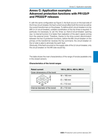ABB | Protection and control devices 261
Annex C: Application examples
Advanced protection functions with PR123/P
and PR333/P releases
Annex C: Application examples
Rated current
Outer dimensions of the tooid
DW
H
100 A, 250 A, 400 A, 800 A
W = 165 mm
D = 160 mm
H = 112 mm
Ø = 112 mmInternal diameter of the toroid
If, with the same configuration as Figure 3, the fault occurs on the load side of
the Emax circuit-breaker, the fault current would affect both the toroid as well as
the current transformers on the phases. To define which circuit-breaker is to trip
(MV or LV circuit-breaker), suitable coordination of the trip times is required: in
particular, it is necessary to set the times so that LV circuit-breaker opening
due to internal function G is faster than realization of the alarm signal coming
from the external toroid. Therefore, thanks to the time-current discrimination
between the two G protection functions, before the MV circuit-breaker on the
primary of the transformer receives the trip command, the circuit-breaker on
the LV side is able to eliminate the earth fault.
Obviously, if the fault occurred on the supply side of the LV circuit-breaker, only
the circuit-breaker on the MV side would trip.
The table shows the main characteristics of the range of toroids (available only
in the closed version).
1SDC008053F0201
Characteristics of the toroid ranges
 