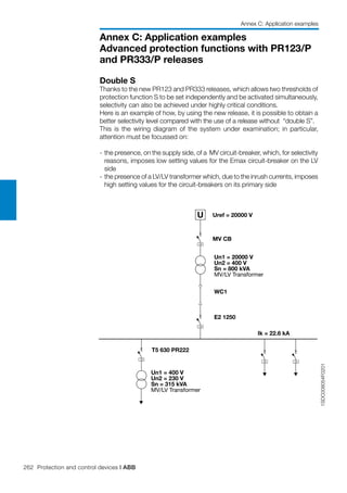 262 Protection and control devices | ABB
Annex C: Application examples
Advanced protection functions with PR123/P
and PR333/P releases
Annex C: Application examples
Double S
Thanks to the new PR123 and PR333 releases, which allows two thresholds of
protection function S to be set independently and be activated simultaneously,
selectivity can also be achieved under highly critical conditions.
Here is an example of how, by using the new release, it is possible to obtain a
better selectivity level compared with the use of a release without “double S”.
This is the wiring diagram of the system under examination; in particular,
attention must be focussed on:
-	the presence, on the supply side, of a MV circuit-breaker, which, for selectivity
reasons, imposes low setting values for the Emax circuit-breaker on the LV
side
-	the presence of a LV/LV transformer which, due to the inrush currents, imposes
high setting values for the circuit-breakers on its primary side
1SDC008054F0201
U Uref = 20000 V
MV CB
WC1
E2 1250
Ik = 22.6 kA
T5 630 PR222
Un1 = 400 V
Un2 = 230 V
Sn = 315 kVA
MV/LV Transformer
Un1 = 20000 V
Un2 = 400 V
Sn = 800 kVA
MV/LV Transformer
 