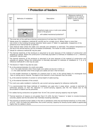 ABB | Electrical devices 279
1 Protection of feeders
1.2 Installation and dimensioning of cables
Item
No.
Methods of installation Description
Reference method of
installation to be used to
obtain current-carrying
capacity
73 Sheathed single-core or multi-core cables
direct in the ground
– with added mechanical protectionq
D2
a
The inner skin of the wall has a thermal conductance of not less than 10 W/m2
·K.
b
Values given for installation methods B1 and B2 are for a single circuit. Where there is more than
one circuit in the trunking the group reduction factor given in Table 5 is applicable, irrespective of the
presence of an internal barrier or partition.
c
Care shall be taken where the cable runs vertically and ventilation is restricted. The ambient temperature at
the top of the vertical section can be increased considerably. The matter is under consideration.
d
Values for reference method B2 may be used.
e The thermal resistivity of the enclosure is assumed to be poor because of the material of construction and
possible air spaces. Where the construction is thermally equivalent to methods of installation 6 or 7, reference
method B1 may be used.
f The thermal resistivity of the enclosure is assumed to be poor because of the material of construction and
possible air spaces. Where the construction is thermally equivalent to methods of installation 6, 7, 8, or 9,
reference methods B1 or B2 may be used.
g
The factors in Table 5 may also be used.
h
De is the external diameter of a multi-core cable:
- 2,2 × the cable diameter when three single core cables are bound in trefoil, or
- 3 × the cable diameter when three single core cables are laid in flat formation.
i V is the smaller dimension or diameter of a masonry duct or void, or the vertical depth of a rectangular duct,
floor or ceiling void or channel. The depth of the channel is more important than the width.
j De is the external diameter of conduit or vertical depth of cable ducting.
l De is the external diameter of the conduit.
m
For multi-core cable installed in method 55, use current-carrying capacity for reference method B2.
n
It is recommended that these methods of installation are used only in areas where access is restricted to
authorized persons so that the reduction in current-carrying capacity and the fire hazard due to the
accumulation of debris can be prevented.
o For cables having conductors not greater than 16 mm2
, the current-carrying capacity may be higher.
p
Thermal resistivity of masonry is not greater than 2 K ·m/W, the term “masonry” is taken to include brickwork,
concrete, plaster and the like (other than thermally insulating materials).
q The inclusion of directly buried cables in this item is satisfactory when the soil thermal resistivity is of the order
of 2,5 K · m/W. For lower soil resistivities, the current-carrying capacity for directly buried cables is appreciably
higher than for cables in ducts.
 