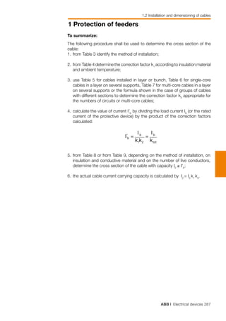 ABB | Electrical devices 287
1 Protection of feeders
1.2 Installation and dimensioning of cables
To summarize:
The following procedure shall be used to determine the cross section of the
cable:
1.	from Table 3 identify the method of installation;
2.	from Table 4 determine the correction factor k1
according to insulation material
and ambient temperature;
3.	use Table 5 for cables installed in layer or bunch, Table 6 for single-core
cables in a layer on several supports, Table 7 for multi-core cables in a layer
on several supports or the formula shown in the case of groups of cables
with different sections to determine the correction factor k2
appropriate for
the numbers of circuits or multi-core cables;
4.	calculate the value of current I’b
by dividing the load current Ib
(or the rated
current of the protective device) by the product of the correction factors
calculated:
5.	from Table 8 or from Table 9, depending on the method of installation, on
insulation and conductive material and on the number of live conductors,
determine the cross section of the cable with capacity I0
≥ I’b
;
6.	the actual cable current carrying capacity is calculated by IZ
= I0
k1
k2
.
 