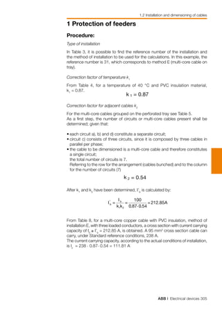 ABB | Electrical devices 305
1 Protection of feeders
1.2 Installation and dimensioning of cables
Procedure:
Type of installation
In Table 3, it is possible to find the reference number of the installation and
the method of installation to be used for the calculations. In this example, the
reference number is 31, which corresponds to method E (multi-core cable on
tray).
Correction factor of temperature k1
From Table 4, for a temperature of 40 °C and PVC insulation material,
k1
= 0.87. 	
	
Correction factor for adjacent cables k2
For the multi-core cables grouped on the perforated tray see Table 5.
As a first step, the number of circuits or multi-core cables present shall be
determined; given that:
•	each circuit a), b) and d) constitute a separate circuit;
•	circuit c) consists of three circuits, since it is composed by three cables in
parallel per phase;
•	the cable to be dimensioned is a multi-core cable and therefore constitutes
a single circuit;
	 the total number of circuits is 7.
	 Referring to the row for the arrangement (cables bunched) and to the column
for the number of circuits (7)		
After k1
and k2
have been determined, I’b
is calculated by:
From Table 8, for a multi-core copper cable with PVC insulation, method of
installation E, with three loaded conductors, a cross section with current carrying
capacity of I0
≥ I’b
= 212.85 A, is obtained. A 95 mm2
cross section cable can
carry, under Standard reference conditions, 238 A.
The current carrying capacity, according to the actual conditions of installation,
is Iz
= 238 . 0.87. 0.54 = 111.81 A
 
