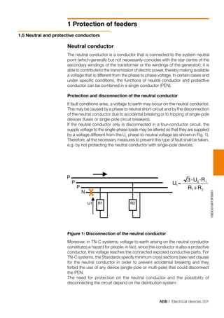 ABB | Electrical devices 331
1 Protection of feeders
1SDC010013F0001
P
P
P
N
R1 R2U1
3
=1U
.
0U .
1R
1R + 2R
Neutral conductor
The neutral conductor is a conductor that is connected to the system neutral
point (which generally but not necessarily coincides with the star centre of the
secondary windings of the transformer or the windings of the generator); it is
able to contribute to the transmission of electric power, thereby making available
a voltage that is different from the phase to phase voltage. In certain cases and
under specific conditions, the functions of neutral conductor and protective
conductor can be combined in a single conductor (PEN).
Protection and disconnection of the neutral conductor
If fault conditions arise, a voltage to earth may occur on the neutral conductor.
This may be caused by a phase to neutral short-circuit and by the disconnection
of the neutral conductor due to accidental breaking or to tripping of single-pole
devices (fuses or single-pole circuit breakers).
If the neutral conductor only is disconnected in a four-conductor circuit, the
supply voltage to the single-phase loads may be altered so that they are supplied
by a voltage different from the U0
phase to neutral voltage (as shown in Fig. 1).
Therefore, all the necessary measures to prevent this type of fault shall be taken,
e.g. by not protecting the neutral conductor with single-pole devices.
1.5 Neutral and protective conductors
Figure 1: Disconnection of the neutral conductor
Moreover, in TN-C systems, voltage to earth arising on the neutral conductor
constitutes a hazard for people; in fact, since this conductor is also a protective
conductor, this voltage reaches the connected exposed conductive parts. For
TN-C systems, the Standards specify minimum cross sections (see next clause)
for the neutral conductor in order to prevent accidental breaking and they
forbid the use of any device (single-pole or multi-pole) that could disconnect
the PEN.
The need for protection on the neutral conductor and the possibility of
disconnecting the circuit depend on the distribution system:
 