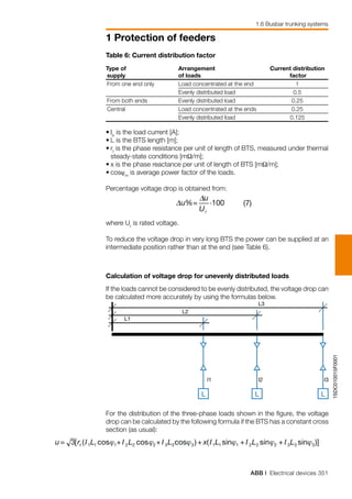 ABB | Electrical devices 351
1 Protection of feeders
1.6 Busbar trunking systems
1SDC010015F0001
L L
l1
L2
L3
L
l2 l3
L1
Table 6: Current distribution factor
Type of 	 Arrangement	 Current distribution
	supply	 of loads	 factor
	From one end only	 Load concentrated at the end	 1	
		 Evenly distributed load	 0.5	
	From both ends	 Evenly distributed load	 0.25	
	Central	 Load concentrated at the ends	 0.25	
		 Evenly distributed load	 0.125	
•	Ib
is the load current [A];
•	L is the BTS length [m];
•	rt
is the phase resistance per unit of length of BTS, measured under thermal
steady-state conditions [mΩ/m];
•	x is the phase reactance per unit of length of BTS [mΩ/m];
•	cosϕm
is average power factor of the loads.
Percentage voltage drop is obtained from:
where Ur
is rated voltage.
To reduce the voltage drop in very long BTS the power can be supplied at an
intermediate position rather than at the end (see Table 6).
Calculation of voltage drop for unevenly distributed loads
If the loads cannot be considered to be evenly distributed, the voltage drop can
be calculated more accurately by using the formulas below.
For the distribution of the three-phase loads shown in the figure, the voltage
drop can be calculated by the following formula if the BTS has a constant cross
section (as usual):
 