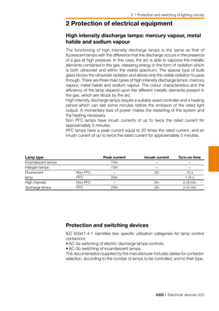 ABB | Electrical devices 355
2 Protection of electrical equipment
2.1 Protection and switching of lighting circuits
			 		
Lamp type		 Peak current 	 Inrush current	 Turn-on time
Incandescent lamps		 15In	 -	 -
Halogen lamps		 15In	 -	 -
Fluorescent 	 Non PFC	 -	 2In	 10 s
lamp		 PFC	 20In		 1÷6 s
High intensity 	 Non PFC	 −	 2In	 2÷8 min
discharge lamps	 PFC	 20In	 2In	 2÷8 min
High intensity discharge lamps: mercury vapour, metal
halide and sodium vapour
The functioning of high intensity discharge lamps is the same as that of
fluorescent lamps with the difference that the discharge occurs in the presence
of a gas at high pressure. In this case, the arc is able to vaporize the metallic
elements contained in the gas, releasing energy in the form of radiation which
is both ultraviolet and within the visible spectrum. The special type of bulb
glass blocks the ultraviolet radiation and allows only the visible radiation to pass
through. There are three main types of high intensity discharge lamps: mercury
vapour, metal halide and sodium vapour. The colour characteristics and the
efficiency of the lamp depend upon the different metallic elements present in
the gas, which are struck by the arc.
High intensity discharge lamps require a suitably sized controller and a heating
period which can last some minutes before the emission of the rated light
output. A momentary loss of power makes the restarting of the system and
the heating necessary.
Non PFC lamps have inrush currents of up to twice the rated current for
approximately 5 minutes.
PFC lamps have a peak current equal to 20 times the rated current, and an
inrush current of up to twice the rated current for approximately 5 minutes.
Protection and switching devices
IEC 60947-4-1 identifies two specific utilization categories for lamp control
contactors:
•	AC-5a switching of electric discharge lamps controls;
•	AC-5b switching of incandescent lamps.
The documentation supplied by the manufacturer includes tables for contactor
selection, according to the number of lamps to be controlled, and to their type.
 
