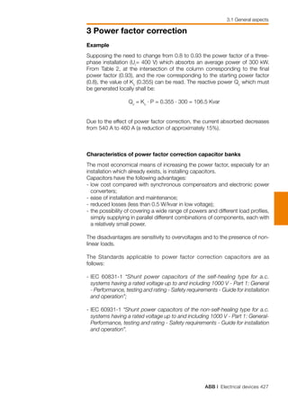 ABB | Electrical devices 427
3 Power factor correction
3.1 General aspects
Example
Supposing the need to change from 0.8 to 0.93 the power factor of a three-
phase installation (Ur
= 400 V) which absorbs an average power of 300 kW.
From Table 2, at the intersection of the column corresponding to the final
power factor (0.93), and the row corresponding to the starting power factor
(0.8), the value of Kc
(0.355) can be read. The reactive power Qc
which must
be generated locally shall be:
	 Qc
= Kc
. P = 0.355 . 300 = 106.5 Kvar
Due to the effect of power factor correction, the current absorbed decreases
from 540 A to 460 A (a reduction of approximately 15%).
Characteristics of power factor correction capacitor banks
The most economical means of increasing the power factor, especially for an
installation which already exists, is installing capacitors.
Capacitors have the following advantages:
-	low cost compared with synchronous compensators and electronic power
converters;
-	ease of installation and maintenance;
-	reduced losses (less than 0.5 W/kvar in low voltage);
-	the possibility of covering a wide range of powers and different load profiles,
simply supplying in parallel different combinations of components, each with
a relatively small power.
The disadvantages are sensitivity to overvoltages and to the presence of non-
linear loads.
The Standards applicable to power factor correction capacitors are as
follows:
- 	IEC 60831-1 “Shunt power capacitors of the self-healing type for a.c.
systems having a rated voltage up to and including 1000 V - Part 1: General
- Performance, testing and rating - Safety requirements - Guide for installation
and operation”;
- 	IEC 60931-1 “Shunt power capacitors of the non-self-healing type for a.c.
systems having a rated voltage up to and including 1000 V - Part 1: General-
Performance, testing and rating - Safety requirements - Guide for installation
and operation”.
 