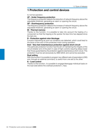 42 Protection and control devices | ABB
1 Protection and control devices
to normal operation.
UF - Under frequency protection
This frequency protection detects the reduction of network frequency above the
adjustable threshold, generating an alarm or opening the circuit.
OF - Overfrequency protection
This frequency protection detects the increase of network frequency above the
adjustable threshold, generating an alarm or opening the circuit.
M - Thermal memory
Thanks to this function, it is possible to take into account the heating of a
component so that the tripping is the quicker the less time has elapsed since
the last one.
R - Protection against rotor blockage
Function intervening as soon as conditions are detected, which could lead to
the block of the rotor of the protected motor during operation.
Iinst - Very fast instantaneous protection against short-circuit
This particular protection function has the aim of maintaining the integrity of the
circuit-breaker and of the plant in case of high currents requiring delays lower
than those guaranteed by the protection against instantaneous short-circuit. This
protection must be set exclusively by ABB SACE and cannot be excluded.
Dual setting
With this function it is possible to program two different sets of parameters (LSIG)
and, through an external command, to switch from one set to the other.
K - Load control
Thanks to this function, it is possible to engage/disengage individual loads on
the load side before the overload protection L trips.
1.3 Types of releases
 