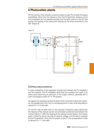 ABB | Electrical devices 473
5 Photovoltaic plants
Figure 6
On the contrary, if the network-consumer system is type TN, for both the supply
possibilities, either from the network or from the PV generator, residual current
circuit-breakers are not needed provided that the fault current on the AC side
causes the tripping of the overcurrent devices by the times prescribed in the
Std. (Figure 6).
5.4 Earthing and protection against indirect contact
+ -
B
A
Rn
IdrIdPV Grid
Load
5.4.2	Plants without transformer
In case of absence of the separation transformer between the PV installation
and the network, the PV installation itself shall be insulated from earth in its
active parts becoming an extension of the supply network, generally with a
point connected to earth (TT or TN system).
As regards the exposed conductive parts of the consumer’s plant and upstre-
am the parallel point A-B, from a conceptual point of view, what described in
clause 6.4.1.2 is still valid.
On the DC side an earth fault on the exposed conductive parts determines
the tripping of the residual current circuit-breaker positioned downstream the
inverter (Figure 7). After the tripping of the residual current device, the inverter
goes in stand by due to the lack of network voltage, but the fault is supplied
by the PV generator. Since the PV system is type IT, the considerations made
in clause 6.4.1.1.1 are valid.
 