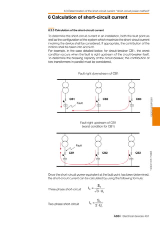 ABB | Electrical devices 491
6 Calculation of short-circuit current
1SDC010050F0001
CB1 CB2 CB3
Fault
1SDC010051F0001
CB1 CB2 CB3
Fault
Once the short-circuit power equivalent at the fault point has been determined,
the short-circuit current can be calculated by using the following formula:
Three-phase short-circuit 			
Two-phase short-circuit		
6.3.3 Calculation of the short-circuit current
To determine the short-circuit current in an installation, both the fault point as
well as the configuration of the system which maximize the short-circuit current
involving the device shall be considered. If appropriate, the contribution of the
motors shall be taken into account.
For example, in the case detailed below, for circuit-breaker CB1, the worst
condition occurs when the fault is right upstream of the circuit-breaker itself.
To determine the breaking capacity of the circuit-breaker, the contribution of
two transformers in parallel must be considered.
Fault right downstream of CB1
Fault right upstream of CB1
(worst condition for CB1)
6.3 Determination of the short-circuit current: “short-circuit power method”
 