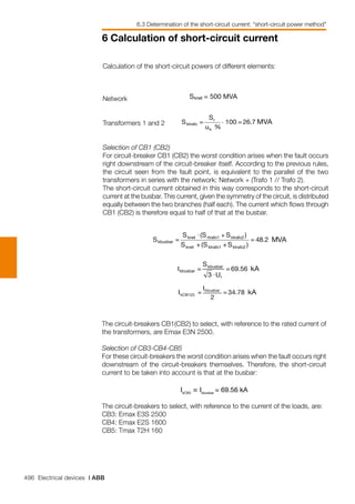 496 Electrical devices | ABB
6 Calculation of short-circuit current
+⋅
Calculation of the short-circuit powers of different elements:
Network
				
Transformers 1 and 2
		
Selection of CB1 (CB2)
For circuit-breaker CB1 (CB2) the worst condition arises when the fault occurs
right downstream of the circuit-breaker itself. According to the previous rules,
the circuit seen from the fault point, is equivalent to the parallel of the two
transformers in series with the network: Network + (Trafo 1 // Trafo 2).
The short-circuit current obtained in this way corresponds to the short-circuit
current at the busbar. This current, given the symmetry of the circuit, is distributed
equally between the two branches (half each). The current which flows through
CB1 (CB2) is therefore equal to half of that at the busbar.
The circuit-breakers CB1(CB2) to select, with reference to the rated current of
the transformers, are Emax E3N 2500.
Selection of CB3-CB4-CB5
For these circuit-breakers the worst condition arises when the fault occurs right
downstream of the circuit-breakers themselves. Therefore, the short-circuit
current to be taken into account is that at the busbar:
IkCB3
= Ikbusbar
= 69.56 kA
The circuit-breakers to select, with reference to the current of the loads, are:
CB3: Emax E3S 2500
CB4: Emax E2S 1600
CB5: Tmax T2H 160
6.3 Determination of the short-circuit current: “short-circuit power method”
 