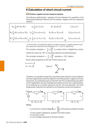 500 Electrical devices | ABB
6 Calculation of short-circuit current
* In the formulas, the subscripts relevant to positive-sequence, negative-sequence and
zero-sequence components are indicated by “d”, “i” and “0” respectively.
6.5.2 Positive, negative and zero sequence systems
The following relationships* 
represent the link between the quantities of the
three-phase balanced network and the positive, negative and zero sequence
systems:
6.5 Algebra of sequences
The complex constant is a versor which, multiplied by a vector,
rotates the vector by 120° in a positive direction (counterclockwise).
The complex constant operates a -120° rotation.
Some useful properties of this set of three vectors are:
Therefore, it is possible to state that a real three-phase network may be replaced
by three single-phase networks related to the three positive, negative and zero
sequences, by substituting each component with the corresponding equivalent
circuit. If generators can be considered symmetrical as it occurs in plant practice,
by considering as a positive sequence set the one they generate, the three
single-phase networks are defined by the following circuits and equations:
Where:
	 -	Ed
is the line-to-neutral voltage of the section upstream the fault
	 -	Z is the system impedance upstream the fault location
	 -	I is the fault current
	 -	V is the voltage measured at the fault location.
Figure 2
Figure 3
 