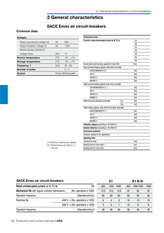 56 Protection and control devices | ABB
2 General characteristics
Rated uninterrupted current (at 40 ϒC) Iu [A]
Mechanical life with regular ordinary maintenance
Operation frequency [Operations/hour]
Operation frequency [Operations/hour]
[No. operations x 1000]
Electrical life (440 V ~) [No. operations x 1000]
(690 V ~) [No. operations x 1000]
800 1000-1250 1600
25 25 25
60 60 60
10 10 10
10 8 8
30 30 30
E1 B-N
800 1250
12.5
60 60 60
6 4 3
3 2 1
30 30 30
X1
1600
12.5 12.5
(1) 	Without intentional delays
(2) 	Performance at 600 V is
100 kA
Common data 			
Voltages		
	 Rated operational voltage Ue	 [V]	 690 ~
	 Rated insulation voltage Ui	 [V]	 1000
	 Rated impulse withstand
	 voltage Uimp	 [kV]	 12
Service temperature	 [°C]	 -25....+70
Storage temperature	 [°C]	 -40....+70
Frequency f	 [Hz]	 50 - 60
Number of poles		 3 - 4
Version 	 Fixed -Withdrawable
SACE Emax air circuit-breakers
Performance levels
Currents:
[A]
[A]
[A]
[A]
[A]
[A]
Neutral pole current-carrying capacity for 4-pole CBs [%Iu]
Rated ultimate breaking capacity under short-circuit Icu
220/230/380/400/415 V ~ [kA]
440 V ~ [kA]
500/525 V ~ [kA]
660/690 V ~ [kA]
Rated service breaking capacity under short-circuit Ics
220/230/380/400/415 V ~ [kA]
440 V ~ [kA]
500/525 V ~ [kA]
660/690 V ~ [kA]
Rated short-time withstand current Icw (1s) [kA]
(3s) [kA]
Rated making capacity under short-circuit (peak value) Icm
220/230/380/400/415 V ~ [kA]
440 V ~ [kA]
500/525 V ~ [kA]
660/690 V ~ [kA]
Utilisation category (according to 60947-2)
Isolation behaviour (according to
Overcurrent protection
Operating times
Closing time (max) [ms]
Breaking time for I<Icw (max)(1)
[ms]
Breaking time for I>Icw (max) [ms]
rated uninterrupted current (at 40 ϒC) Iu
Electronic releases for AC applications
[A]
IEC
60947-2)IEC
SACE Emax air circuit-breakers
2.1 Electrical characteristics of circuit-breakers
 