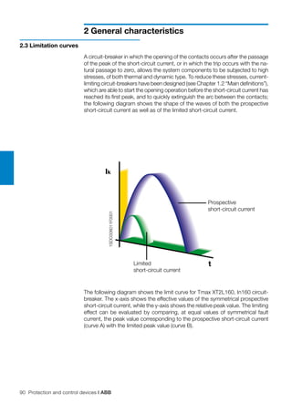 90 Protection and control devices | ABB
2 General characteristics
Ik
t
1SDC008011F0001
2.3 Limitation curves
A circuit-breaker in which the opening of the contacts occurs after the passage
of the peak of the short-circuit current, or in which the trip occurs with the na-
tural passage to zero, allows the system components to be subjected to high
stresses, of both thermal and dynamic type. To reduce these stresses, current-
limiting circuit-breakers have been designed (see Chapter 1.2 “Main definitions”),
which are able to start the opening operation before the short-circuit current has
reached its first peak, and to quickly extinguish the arc between the contacts;
the following diagram shows the shape of the waves of both the prospective
short-circuit current as well as of the limited short-circuit current.
The following diagram shows the limit curve for Tmax XT2L160, In160 circuit-
breaker. The x-axis shows the effective values of the symmetrical prospective
short-circuit current, while the y-axis shows the relative peak value. The limiting
effect can be evaluated by comparing, at equal values of symmetrical fault
current, the peak value corresponding to the prospective short-circuit current
(curve A) with the limited peak value (curve B).
Prospective
short-circuit current
Limited
short-circuit current
 