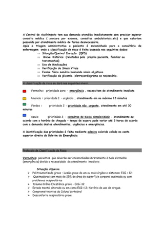 A Central de Acolhimento tem sua demanda atendida imediatamente sem precisar esperar
consulta médica ( procura por exames, consultas ambulatoriais,etc) e que estariam
passando por atendimento médico de forma desnecessária.
Após a triagem administrativa o paciente é encaminhado para o consultório de
enfermagem onde a classificação de risco é feita baseada nos seguintes dados:
⇒ Situação/Queixa/ Duração (QPD)
⇒ Breve Histórico (relatadas pelo próprio paciente, familiar ou
testemunhas)
⇒ Uso de Medicações
⇒ Verificação de Sinais Vitais
⇒ Exame físico sumário buscando sinais objetivos
⇒ Verificação da glicemia eletrocardiograma se necessário.
A classificação de risco se dará nos seguintes níveis:
Vermelho: prioridade zero - emergência , necessitam de atendimento imediato
Amarelo : prioridade 1 - urgência , atendimento em no máximo 15 minutos
Verdes : prioridade 2 - prioridade não urgente, atendimento em até 30
minutos
Azuis: prioridade 3 - consultas de baixa complexidade - atendimento de
acordo com o horário de chegada – tempo de espera pode variar até 3 horas de acordo
com a demanda destes atendimentos, urgências e emergências.
A identificação das prioridades é feita mediante adesivo colorido colado no canto
superior direito do Boletim de Emergência
Protocolo de Classificação de Risco
Vermelhos: pacientes que deverão ser encaminhados diretamente à Sala Vermelha
(emergência) devido a necessidade de atendimento imediato:
Situação /Queixa
Politraumatizado grave – Lesão grave de um ou mais órgãos e sistemas; ECG < 12;
Queimaduras com mais de 25% de área de superfície corporal queimada ou com
problemas respiratórios
Trauma Crânio Encefálico grave – ECG <12
Estado mental alterado ou em coma ECG <12; história de uso de drogas.
Comprometimentos da Coluna Vertebral
Desconforto respiratório grave
 
