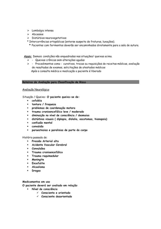 Lombalgia intensa
Abcessos
Distúrbios neurovegetativos
* Intercorrências ortopédicas (entorse suspeita de fraturas, luxações).
* Pacientes com ferimentos deverão ser encaminhados diretamente para a sala de sutura.
Azuis: Demais condições não enquadradas nas situações/ queixas acima.
- Queixas crônicas sem alterações agudas
- Procedimentos como : curativos, trocas ou requisições de receitas médicas, avaliação
de resultados de exames, solicitações de atestados médicos
Após a consulta médica e medicação o paciente é liberado
Roteiros de Avaliação para Classificação de Risco
Avaliação Neurológica
Situação / Queixa: O paciente queixa-se de:
cefaléia
tontura / fraqueza
problemas de coordenação motora
trauma cranioencefálico leve / moderado
diminuição no nível de consciência / desmaios
distúrbios visuais ( diplopia, dislalia, escotomas, hianopsia)
confusão mental
convulsão
paraestesias e paralisias de parte do corpo
História passada de:
Pressão Arterial alta
Acidente Vascular Cerebral
Convulsões
Trauma cranioencefálico
Trauma raquimedular
Meningite
Encefalite
Alcoolismo
Drogas
Medicamentos em uso
O paciente deverá ser avaliado em relação:
Nível de consciência
Consciente e orientado
Consciente desorientado
 