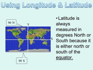 • Latitude is
90 N
              Y       always
                      measured in
                      degrees North or
                  X
                      South because it
                      is either north or
                      south of the
                      equator.
       90 S
 