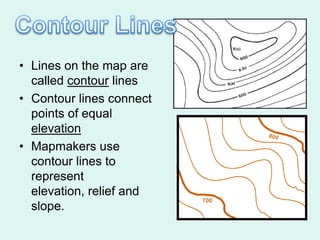 • Lines on the map are
  called contour lines
• Contour lines connect
  points of equal
  elevation
• Mapmakers use
  contour lines to
  represent
  elevation, relief and
  slope.
 