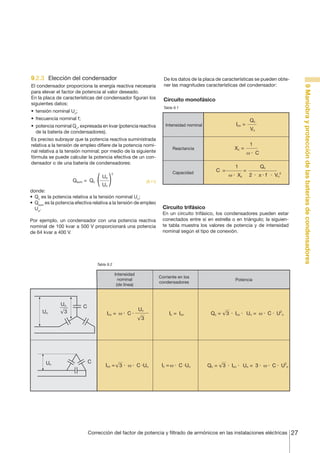 9.2.3	 Elección del condensador

•	 tensión nominal Un;

De los datos de la placa de características se pueden obtener las magnitudes características del condensador:

Circuito monofásico
Tabla 9.1

•	 frecuencia nominal f;
•	 potencia nominal Qc, expresada en kvar (potencia reactiva
de la batería de condensadores).
Es preciso subrayar que la potencia reactiva suministrada
relativa a la tensión de empleo difiere de la potencia nominal relativa a la tensión nominal; por medio de la siguiente
fórmula se puede calcular la potencia efectiva de un condensador o de una batería de condensadores:

Qsum = Qc ⋅

Ue

Icn =

Intensidad nominal

Xc =

Reactancia

Capacidad

2

9 Maniobra y protección de las baterías de condensadores

El condensador proporciona la energía reactiva necesaria
para elevar el factor de potencia al valor deseado.
En la placa de características del condensador figuran los
siguientes datos:

C =

Qc
Vn
1
ω. C

1
Qc
=
. Xc 2 . π . f . Vn2
ω

[9.11]

Un

donde:
•	 Qc es la potencia relativa a la tensión nominal Un;
•	 Qsum es la potencia efectiva relativa a la tensión de empleo
Ue.
Por ejemplo, un condensador con una potencia reactiva
nominal de 100 kvar a 500 V proporcionará una potencia
de 64 kvar a 400 V.

Circuito trifásico
En un circuito trifásico, los condensadores pueden estar
conectados entre sí en estrella o en triángulo; la siguiente tabla muestra los valores de potencia y de intensidad
nominal según el tipo de conexión.

Tabla 9.2

Intensidad
nominal
(de línea)

Un

Un

Un
3

C

Icn = ω . C .

C

Corriente en los
condensadores

Un
3

Icn = 3 . ω . C .Un

Ic = Icn

Ic = ω . C .Un

Potencia

Qc =

Qc =

3 . Icn . Un = ω . C . U2n

3 . Icn . Un = 3 . ω . C . U2n

Corrección del factor de potencia y filtrado de armónicos en las instalaciones eléctricas

27

 