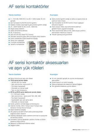 AF serisi kontaktörler
Teknik özellikler

Avantajlar

■	

■	

■	
■	
■	
■	
■	
■	
■	
■	
■	
■	
■	
■	

4 – 18.5 kW, 400V AC-3 ve AC-1 50A’e kadar 45 mm
genişlik
Aynı kontaktör ile AC/DC kontrol gerilimi
Sadece 4 bobin seçeneği ile geniş kontrol gerilim aralığı
24…500V 50/60 Hz AC ve 20…500V DC
Düşük enerji tüketimi
Dahili sönümleme elemanı
AF..Z versiyonu
500 mA 24V DC direkt PLC kontrol
Standart versiyona göre daha da düşük enerji tüketimi
Farklı noktalardan bobin besleme kolaylığı
Geniş ürün yelpazesi
4 kutuplu kontaktörler
Yardımcı kontaktörler

■	
■	
■	
■	

Geniş kontrol gerilim aralığı ve daha az sipariş kodu ile
optimum stok imkanı
Aynı kontaktör ile AC/DC kontrol imkanı sağlayan
benzersiz tasarım
Harici arayüz rölesi veya sönümleme elemanı
gerektirmeyen uygulama kolaylığı
Pano tasarımında daha az fan, daha küçük yardımcı
elemanlarla maksimum tasarruf
Yüksek operasyonel güvenilirlik

AF serisi kontaktör aksesuarları
ve aşırı yük röleleri
Teknik özellikler

Avantajlar

■	

■	

■	
	
	
	
	
	
■	
	
	
	
	
	
■	
■	
■	
■	
■	
■	
■	
■	

Motor koruma için aşırı yük röleleri
TF42 serisi termik röleler
- 38/40A (AC-3)’e kadar
- Aşırı yük koruma, açma sınıfı 10
- Faz kaybı hassasiyeti
- Otomatik ve manuel reset
- Test ve stop fonksiyonu
EF19 ve EF45 serisi elektronik termik röleler
- 0.1-45A akım aralığı
- Aşırı yük koruma – açma sınıfı 10E, 20E, 30E
- Faz kaybı hassasiyeti
- Ayarlanabilir aşırı yük açma akımı
- Otomatik ve manuel reset
Esnek yardımcı kontak bloğu kombinasyonu
Üzerine montaj, CA4 (1 kutup veya 4 kutup) veya
kenarına montaj CAL4 (2 kutup)
Bobin besleme kolaylığı
DC çalışma da dahil olmak üzere polarizasyondan
bağımsız bobin tasarımı
Sökülüp takılabilen bobin besleme terminali ve opsiyonel
ek terminal (LDC4)
Kontaktör üzerine takılabilen yardımcı kontak ve bobin
besleme bloğu (CAT4)
Mekanik ve elektriksel kilitleme setleri
Bağlantı kitleri

45 mm standart genişlik ile uyumlu kombinasyon
alternatifleri
■ 	 Esnek tasarım ve üretim kolaylığı
■ 	 Daha az kablolama ile maksimum güvenli bağlantı
■ 	 Tüm güvenlik kriterlerine uyumlu tasarım

ABB Fiyat Listesi 3 Haziran 2013 | 71

 
