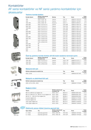 Kontaktörler
AF serisi kontaktörler ve NF serisi yardımcı kontaktörler için
aksesuarlar
Yardımcı kontak blokları
1NA

Birlikte kullanılacak
kontaktör tipi
AF09...AF38 / NF

Üzerine

CA4-10

1SBN010110R1010

Fiyatı
TL/Adet
5,50

1NK

AF09...AF38 / NF

Üzerine

CA4-01

1SBN010110R1001

5,50

1NA+1NK

AF09...AF38 / NF

Kenarına

CAL4-11

1SBN010120R1011

9,70

2NA+2NK

AF09...AF16-30-10

Üzerine

CA4-22M

1SBN010140R1122

16,90

3NA+1NK

AF09...AF16-30-10

Üzerine

CA4-31M

1SBN010140R1131

16,90

1NA+3NK

AF09...AF16-30-10

Üzerine

CA4-13M

1SBN010140R1113

16,90

4NK

AF09...AF16-30-10

Üzerine

CA4-04M

1SBN010140R1104

16,90

2NA+2NK

AF09...AF16-30-01

Üzerine

CA4-22U

1SBN010140R1322

16,90

3NA+1NK

AF09...AF16-30-01

Üzerine

CA4-31U

1SBN010140R1331

16,90

4NA

AF09...AF16-30-01

Üzerine

CA4-40U

1SBN010140R1340

16,90

2NA+2NK

AF26...AF38-30-00

Üzerine

CA4-22E

1SBN010140R1022

16,90

3NA+1NK

AF26...AF38-30-00

Üzerine

CA4-31E

1SBN010140R1031

16,90

4NA

AF26...AF38-30-00

Üzerine

CA4-40E

1SBN010140R1040

16,90

4NK

AF26...AF38-30-00

Üzerine

CA4-04E

1SBN010140R1004

16,90

2NA+2NK

NF

Üzerine

CA4-22N

1SBN010140R1222

16,90

3NA+1NK

NF

Üzerine

CA4-31N

1SBN010140R1231

16,90

1NA+3NK

NF

Üzerine

CA4-13N

1SBN010140R1213

16,90

4NA

NF

Üzerine

CA4-40N

1SBN010140R1240

16,90

4NK

NF40E

Üzerine

CA4-04N

1SBN010140R1204

16,90

Kontak düzeni

CA4-10

CA4-11

Montaj

Tipi

Kodu

Özel tip yardımcı kontak blokları (A1/A2 bobin besleme terminali içerir)
1NA+1NK

Birlikte kullanılacak
kontaktör tipi
AF09...AF16-30-10

Üzerine

CAT4-11M

1SBN010151R1111

Fiyatı
TL/Adet
15,90

1NA+1NK

AF09...AF16-30-01

Üzerine

CAT4-11U

1SBN010151R1311

15,90

1NA+1NK

AF26...AF38-30-00

Üzerine

CAT4-11E

1SBN010151R1011

15,90

Birlikte kullanılacak kontaktör tipi

Tipi

Kodu

AF09...AF38

VM4

1SBN030105T1000

Birlikte kullanılacak kontaktör tipi

Tipi

Kodu

AF09...AF16, AF26...AF38

VEM4

1SBN030111R1000

Kontak düzeni
CAT4-11M

Montaj

Tipi

Kodu

Mekanik kilit seti
Fiyatı
TL/Adet
12,10

VM4

Mekanik ve elektriksel kilit seti

VEM4

Fiyatı
TL/Adet
26,50

Bağlantı kitleri
MS116 ve MS132 için bağlantı kiti

Birlikte kullanılacak
Tipi
kontaktör tipi
AF09...AF16
BEA16-4

1SBN081306T1000

Fiyatı
TL/Adet
12,10

MS116 ve MS132-0.16...MS132-10 için bağlantı kiti

AF26...AF38

BEA26-4

1SBN082306T1000

14,30

MS132-12 ... MS132-32 için bağlantı kiti

AF26...AF38

BEA38-4

1SBN082306T2000

14,30

Enversör bağlantı kiti

AF09...AF16

BER16-4

1SBN081311R1000

24,10

Enversör bağlantı kiti

AF26...AF38

BER38-4

1SBN082311R1000

33,30

Yıldız-üçgen bağlantı kiti

AF09...AF16

BEY16-4

1SBN081313R2000

31,30

Yıldız-üçgen bağlantı kiti

AF26...AF38

BEY38-4

1SBN082713R2000

52,00

Tanımı

BER16-4

Kodu

Elektronik zaman röleleri (üzerine geçmeli tip)
Ayar sahası
0.1-100sn
TEF4-ON

Tip
Çekmede gecikmeli

Birlikte kullanılacak
Tipi
kontaktör tipi
AF09...AF38, NF
TEF4-ON

0.1-100sn

Düşmede gecikmeli

AF09...AF38, NF

TEF4-OFF

1SBN020112R1000

Fiyatı
TL/Adet
75,00

1SBN020114R1000

75,00

Kodu

ABB Fiyat Listesi 3 Haziran 2013 | 75

 
