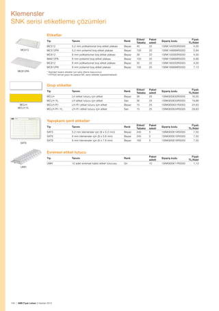 Klemensler
SNK serisi etiketleme çözümleri
Etiketler
MC512

5,2 mm polikarbonat boş etiket plakası

Beyaz

Etiket/
Tabaka
45

MC512PA

5,2 mm poliamid boş etiket plakası

Beyaz

100

20

1SNK149999R0000

5,94

MC612

6 mm polikarbonat boş etiket plakası

Beyaz

39

22

1SNK150000R0000

4,00

Tip
MC512

Tanımı

Renk

Paket
adedi
22

1SNK140000R0000

Sipariş kodu

Fiyatı
TL/Adet
4,00

MA612PA

Beyaz

100

20

1SNK159999R0000

6,88

8 mm polikarbonat boş etiket plakası

Beyaz

30

22

1SNK160000R0000

4,00

MC812PA
MC812PA

6 mm poliamid boş etiket plakası

MC812

8 mm poliamid boş etiket plakası

Beyaz

100

20

1SNK169999R0000

7,13

Paket
adedi
25

1SNK900630R0000

* Standart baskılı etiketler için satış ofisine başvurunuz.
* HTP500 termal yazıcı ile sadece MC serisi etiketler basılabilmektedir.

Grup etiketler
MCLH

LH etiket tutucu için etiket

Beyaz

Etiket/
Tabaka
36

MCLH-YL

LH etiket tutucu için etiket

Sarı

36

25

1SNK900633R0000

19,88

MCLH-R1

LH-R1 etiket tutucu için etiket

Beyaz

15

25

1SNK900631R0000

24,63

MCLH-R1-YL

LH-R1 etiket tutucu için etiket

Sarı

15

25

1SNK900634R0000

29,63

Paket
adedi
5

1SNK900614R0000

Tip

MCLH
MCLH-YL

Tanımı

Renk

Sipariş kodu

Fiyatı
TL/Adet
16,50

Yapışkanlı şerit etiketler
SAT5

5,2 mm klemensler için (9 x 5.2 mm)

Beyaz

Etiket/
Tabaka
240

SAT6

6 mm klemensler için (9 x 5.8 mm)

Beyaz

240

5

1SNK900615R0000

7,50

SAT8

8 mm klemensler için (9 x 7.8 mm)

Beyaz

160

5

1SNK900616R0000

7,50

Tip

SAT8

Tanımı

Renk

Sipariş kodu

Fiyatı
TL/Adet
7,50

Evrensel etiket tutucu
Tip

Tanımı

Renk

UMH

10 adet evrensel kablo etiket tutucusu

Gri

UMH

134 | ABB Fiyat Listesi 3 Haziran 2013

Paket
adedi
10

Sipariş kodu
1SNK900611R0000

Fiyatı
TL/Adet
1,13

 