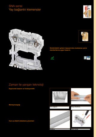 SNA serisi
Yay bağlantılı klemensler

ABB sahip olduğu çeşitli patentler ile
15 yıldan fazla süredir yaylı tip klemens
üretmektedir. Birçok test ve simülasyon
sonrası elde edilen tasarımımız
tecrübemizin ürünüdür.

Sürdürülebilir gelişim kapsamında uluslararası çevre
standartlarına uygun tasarım.

ISO 9001
ISO 14001

Zaman ile yarışan teknoloji
Ergonomik tasarım ve fonksiyonellik
− − Kullanıcı dostu tasarım ile kolay bağlantı imkanı ve
fonksiyonel etiketleme çözümleri.
− − Tüm seri için standart çift köprüleme sistemi.
− − Yüksek kalite standartları. (UL94-V0, RoHS…)
− − Her türlü endüstriyel uygulamaya uygun geniş ürün
yelpazesi.
Montaj kolaylığı
Hızlı montaj için kutu içerisinden tek seferde 10 adet
klemensi almaya imkan sağlayan özel pin tasarımı.
Basit kablo bağlantısı:
− − Ön giriş bağlantı noktası kolaylık sağlar.
− − Hands free! Bağlantı esnasında tornavida terminalde
kilitli kalır.
Hızlı ve efektif etiketleme çözümleri
Kapsamlı etiket alternatifleri ve yüksek performanslı
etiketleme cihazları.
Klemens üzerindeki merkezi ve yanal etiketleme noktaları ile
her açıdan net görülebilen etiketleme çözümleri.

10’lu bağlantı

Kolay etiketleme

Hizalama

Kolay montaj

ABB Fiyat Listesi 3 Haziran 2013 | 135

 