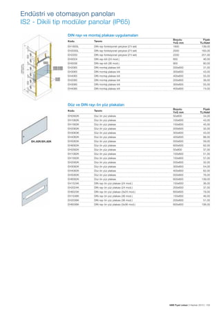 Endüstri ve otomasyon panoları
IS2 - Dikili tip modüler panolar (IP65)
DIN rayı ve montaj plakası uygulamaları
EH1800L

DIN rayı fonksiyonel çerçeve (2'li set)

Boyutu
YxG mm
1800

EH2000L

DIN rayı fonksiyonel çerçeve (2'li set)

2000

163,00

EH2200

DIN rayı fonksiyonel çerçeve (2'li set)

2200

251,00

EH0024

DIN rayı kiti (24 mod.)

600

46,00

EH0036

DIN rayı kiti (36 mod.)

800

60,00

EH2065

DIN montaj plakası kiti

200x600

31,00

EH3065

DIN montaj plakası kiti

300x600

43,00

EH4065

DIN montaj plakası kiti

400x600

55,00

EH2085

DIN montaj plakası kiti

200x800

38,00

EH3085

DIN montaj plakası kiti

300x800

55,00

EH4085

DIN montaj plakası kiti

400x800

74,00

Fiyatı
TL/Adet
34,00

Kodu

Tanımı

Fiyatı
TL/Adet
139,00

Düz ve DIN rayı ön yüz plakaları
EH0562K

Düz ön yüz plakası

Boyutu
YxG mm
50x600

EH1062K

Düz ön yüz plakası

100x600

43,00

EH1562K

Düz ön yüz plakası

150x600

45,00

EH2062K

Düz ön yüz plakası

200x600

32,00

EH3063K

Düz ön yüz plakası

300x600

43,00

EH4062K

Düz ön yüz plakası

400x600

88,00

EH5062K

Düz ön yüz plakası

500x600

59,00

EH6062K

Düz ön yüz plakası

600x600

62,00

EH0582K

Düz ön yüz plakası

50x800

37,00

EH1082K

Düz ön yüz plakası

100x800

51,00

EH1582K

Düz ön yüz plakası

150x800

57,00

EH2082K

Düz ön yüz plakası

200x800

32,00

EH3082K

Düz ön yüz plakası

300x800

54,00

EH4082K

Düz ön yüz plakası

400x800

62,00

EH5082K

Düz ön yüz plakası

500x800

76,00

EH6082K

Düz ön yüz plakası

600x800

139,00

EH1524K

DIN rayı ön yüz plakası (24 mod.)

150x600

36,00

EH2024K

DIN rayı ön yüz plakası (24 mod.)

200x600

37,00

EH6025K

DIN rayı ön yüz plakası (3x24 mod.)

600x600

79,00

EH1536K

DIN rayı ön yüz plakası (36 mod.)

150x800

46,00

EH2036K

DIN rayı ön yüz plakası (36 mod.)

200x800

51,00

EH6036K

DIN rayı ön yüz plakası (3x36 mod.)

600x800

106,00

Kodu

Tanımı

ABB Fiyat Listesi 3 Haziran 2013 | 153

 