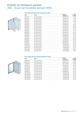 Endüstri ve otomasyon panoları
SR2 - Duvar tipi monoblok panolar (IP65)
Düz kapılı panolar (montaj plakası dahil)
SRN3215K

Düz kapılı panolar

Boyutu
YxGxD mm
300x200x150

SRN3315K

Düz kapılı panolar

300x300x150

122,00

SRN3415K

Düz kapılı panolar

300x400x150

142,00

SRN4315K

Düz kapılı panolar

400x300x150

146,00

SRN4320K

Düz kapılı panolar

400x300x200

181,00

SRN4420K

Düz kapılı panolar

400x400x200

201,00

SRN4620K

Düz kapılı panolar

400x600x200

262,00

SRN5320K

Düz kapılı panolar

500x300x200

208,00

SRN5420K

Düz kapılı panolar

500x400x200

221,00

SRN5425K

Düz kapılı panolar

500x400x250

221,00

SRN6420K

Düz kapılı panolar

600x400x200

252,00

SRN6425K

Düz kapılı panolar

600x400x250

252,00

SRN6625K

Düz kapılı panolar

600x600x250

281,00

SRN7520K

Düz kapılı panolar

700x500x200

310,00

SRN7525K

Düz kapılı panolar

700x500x250

302,00

SRN8625K

Düz kapılı panolar

800x600x250

392,00

SRN8630K

Düz kapılı panolar

800x600x300

442,00

SRN8830K

Düz kapılı panolar

800x800x300

550,00

SRN10625K

Düz kapılı panolar

1000x600x250

461,00

SRN10630K

Düz kapılı panolar

1000x600x300

562,00

SRN10830K

Düz kapılı panolar

1000x800x300

724,00

SRN12630K

Düz kapılı panolar

1200x600x300

622,00

SRN12830K

Düz kapılı panolar

1200x800x300

722,00

Kodu

Tanımı

Fiyatı
TL/Adet
112,00

Cam kapılı panolar (montaj plakası hariç)
SRN5420VK

Cam kapılı panolar

Boyutu
YxGxD mm
500x400x200

SRN5425VK

Cam kapılı panolar

500x400x250

252,00

SRN6420VK

Cam kapılı panolar

600x400x200

266,00

SRN6425VK

Cam kapılı panolar

600x400x250

283,00

SRN7520VK

Cam kapılı panolar

700x500x200

331,00

SRN7525VK

Cam kapılı panolar

700x500x250

392,00

SRN8625VK

Cam kapılı panolar

800x600x250

482,00

SRN8630VK

Cam kapılı panolar

800x600x300

544,00

SRN10625VK

Cam kapılı panolar

1000x600x250

536,00

SRN10630VK

Cam kapılı panolar

1000x600x300

631,00

SRN10830VK

Cam kapılı panolar

1000x800x300

753,00

SRN12630VK

Cam kapılı panolar

1200x600x300

728,00

SRN12830VK

Cam kapılı panolar

1200x800x300

850,00

Kodu

Tanımı

Fiyatı
TL/Adet
245,00

ABB Fiyat Listesi 3 Haziran 2013 | 155

 