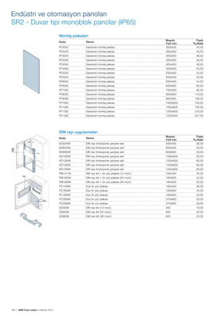 Endüstri ve otomasyon panoları
SR2 - Duvar tipi monoblok panolar (IP65)
Montaj plakaları
PF3020

Galvanizli montaj plakası

Boyutu
YxG mm
300x200

PF3030

Galvanizli montaj plakası

300x300

45,00

PF3040

Galvanizli montaj plakası

300x400

46,00

PF4030

Galvanizli montaj plakası

400x300

46,00

PF4040

Galvanizli montaj plakası

400x400

46,00

PF4060

Galvanizli montaj plakası

400x600

65,00

PF5030

Galvanizli montaj plakası

500x300

50,00

PF5040

Galvanizli montaj plakası

500x400

50,00

PF6040

Galvanizli montaj plakası

600x400

54,00

PF6060

Galvanizli montaj plakası

600x600

85,00

PF7050

Galvanizli montaj plakası

700x500

92,00

PF8060

Galvanizli montaj plakası

800x600

119,00

PF8080

Galvanizli montaj plakası

800x800

138,00

PF1060

Galvanizli montaj plakası

1000x600

150,00

PF1080

Galvanizli montaj plakası

1000x800

192,00

PF1260

Galvanizli montaj plakası

1200x600

218,00

PF1280

Galvanizli montaj plakası

1200x800

237,00

Kodu

Tanımı

Fiyatı
TL/Adet
45,00

DIN rayı uygulamaları
KD5040K

DIN rayı fonksiyonel çerçeve seti

Boyutu
YxG mm
500x400

KD6040K

DIN rayı fonksiyonel çerçeve seti

600x400

40,00

KD8060K

DIN rayı fonksiyonel çerçeve seti

800x600

50,00

KD1060K

DIN rayı fonksiyonel çerçeve seti

1000x600

50,00

KD1260K

DIN rayı fonksiyonel çerçeve seti

1200x600

60,00

KD1080K

DIN rayı fonksiyonel çerçeve seti

1000x800

60,00

KD1280K

DIN rayı fonksiyonel çerçeve seti

1200x800

60,00

PM1414K

DIN rayı kiti + ön yüz plakası (14 mod.)

185x400

42,00

PM1625K

DIN rayı kiti + ön yüz plakası (25 mod.)

185x600

45,00

PM1836K

DIN rayı kiti + ön yüz plakası (36 mod.)

185x800

52,00

PC1406K

Düz ön yüz plakası

185x400

36,00

PC1606K

Düz ön yüz plakası

185x600

40,00

PC1806K

Düz ön yüz plakası

185x800

43,00

PC2606K

Düz ön yüz plakası

370x600

55,00

PC2806K

Düz ön yüz plakası

370x800

59,00

GD4006

DIN rayı kiti (14 mod.)

400

18,00

GD6006

DIN rayı kiti (25 mod.)

600

20,00

GD8006

DIN rayı kiti (36 mod.)

800

23,00

Kodu

156 | ABB Fiyat Listesi 3 Haziran 2013

Tanımı

Fiyatı
TL/Adet
36,00

 