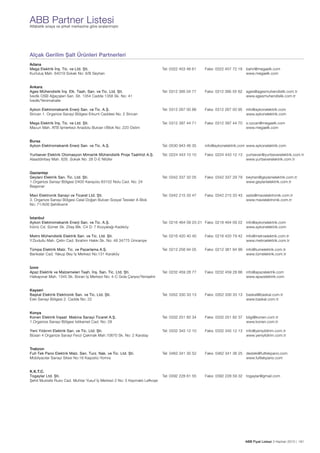 ABB Partner Listesi

Alfabetik sıraya ve şirket merkezine göre sıralanmıştır.

Alçak Gerilim Şalt Ürünleri Partnerleri
Adana				
Mega Elektrik İnş. Tic. ve Ltd. Şti. 	
Tel: 0322 453 48 61	
Faks: 0322 457 72 18	 bahri@megaelk.com
Kurtuluş Mah. 64019 Sokak No: 9/B Seyhan			
www.megaelk.com
Ankara					
Ages Mühendislik İnş. Elk. Taah. San. ve Tic. Ltd. Şti.	
Tel: 0312 395 04 77	
Faks: 0312 395 55 62	 ages@agesmuhendislik.com.tr	
İvedik OSB Ağaçişleri San. Sit. 1354 Cadde 1358 Sk. No: 41			
www.agesmuhendislik.com.tr
İvedik/Yenimahalle
Aykon Elektromekanik Enerji San. ve Tic. A.Ş.	
Tel: 0312 267 00 88	
Faks: 0312 267 00 95	 info@aykonelektrik.com
Sincan 1. Organize Sanayi Bölgesi Erkunt Caddesi No: 2 Sincan 			
www.aykonelektrik.com
Mega Elektrik İnş. Tic. ve Ltd. Şti. 	
Tel: 0312 397 44 71	
Faks: 0312 397 44 70	 s.ozcan@megaelk.com
Macun Mah. ATB İşmerkezi Anadolu Bulvarı I/Blok No: 220 Ostim			
www.megaelk.com
Bursa				
Aykon Elektromekanik Enerji San. ve Tic. A.Ş.	
Tel: 0530 943 46 35	
info@aykonelektrik.com	www.aykonelektrik.com
Yurtsever Elektrik Otomasyon Mimarlık Mühendislik Proje Taahhüt A.Ş.	
Tel: 0224 443 10 10	
Faks: 0224 443 12 13	 yurtsever@yurtseverelektrik.com.tr
Alaaddinbey Mah. 626. Sokak No: 28 D-E Nilüfer			
www.yurtseverelektrik.com.tr
Gaziantep				
Geylani Elektrik San. Tic. Ltd. Şti.	
Tel: 0342 337 32 05 	 Faks: 0342 337 29 79	 beyhan@geylanielektrik.com.tr
1.Organize Sanayi Bölgesi D400 Karayolu 83102 Nolu Cad. No: 24 			
www.geylanielektrik.com.tr
Başpınar
Mavi Elektronik Sanayi ve Ticaret Ltd. Şti.	
Tel: 0342 215 33 47	
Faks: 0342 215 33 43	 satis@mavielektronik.com.tr
3. Organize Sanayi Bölgesi Celal Doğan Bulvarı Sosyal Tesisler A Blok 			
www.mavielektronik.com.tr
No: 71/A26 Şehitkamil
İstanbul			
Aykon Elektromekanik Enerji San. ve Tic. A.Ş.	
Tel: 0216 464 09 20-21	 Faks: 0216 464 09 22	 info@aykonelektrik.com
İnönü Cd. Sümer Sk. Zitaş Blk. C4 D: 7 Kozyatağı-Kadıköy			
www.aykonelektrik.com
Metro Mühendislik Elektrik San. ve Tic. Ltd. Şti.	
Tel: 0216 420 40 40	
Faks: 0216 420 79 42	 info@metroelektrik.com.tr
Y.Dudullu Mah. Çetin Cad. İbrahim Hakkı Sk. No: 48 34775 Ümraniye			
www.metroelektrik.com.tr
Tümpa Elektrik Malz. Tic. ve Pazarlama A.Ş.	
Tel: 0212 256 94 05	
Faks: 0212 361 84 99	 info@tumelektrik.com.tr
Bankalar Cad. Yakup Bey İş Merkezi No:131 Karaköy 			
www.tümelektrik.com.tr
İzmir				
Apaz Elektrik ve Malzemeleri Taah. İnş. San. Tic. Ltd. Şti.	
Tel: 0232 459 28 77	
Faks: 0232 459 28 66	 info@apazelektrik.com
Halkapınar Mah. 1345 Sk. Boran İş Merkezi No: 4-C Gıda Çarşısı/Yenişehir			
www.apazelektrik.com
Kayseri				
Başkal Elektrik Elektronik San. ve Tic. Ltd. Şti.	
Tel: 0352 330 33 13	
Faks: 0352 330 33 13	 baskal@baskal.com.tr
Eski Sanayi Bölgesi 2. Cadde No: 22			
www.baskal.com.tr
Konya				
Konen Elektrik İnşaat Makina Sanayi Ticaret A.Ş.	
Tel: 0332 251 82 34	
Faks: 0332 251 82 37	 bilgi@konen.com.tr	
1.Organize Sanayi Bölgesi İstikamet Cad. No: 28			
www.konen.com.tr
Yeni Yıldırım Elektrik San. ve Tic. Ltd. Şti.	
Tel: 0332 345 12 10	
Faks: 0332 345 12 13	 info@yeniyildirim.com.tr 	
Büsan 4 Organize Sanayi Fevzi Çakmak Mah.10670 Sk. No: 2 Karatay			
www.yeniyildirim.com.tr
Trabzon				
Full-Tek Pano Elektrik Malz. San. Turz. Nak. ve Tic. Ltd. Şti.	
Tel: 0462 341 30 52	
Faks: 0462 341 36 25	 destek@fulltekpano.com
Mobilyacılar Sanayi Sitesi No:16 Kaşüstü-Yomra			
www.fulltekpano.com
K.K.T.C.				
Togaylar Ltd. Şti.	
Tel: 0392 228 61 55	
Faks: 0392 228 59 32	 togaylar@gmail.com
Şehit Mustafa Ruso Cad. Muhtar Yusuf İş Merkezi 2 No: 5 Kaymaklı Lefkoşe

ABB Fiyat Listesi 3 Haziran 2013 | 161

 