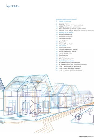 İçindekiler

Alçak gerilim dağıtım ve kontrol ürünleri
3

System Pro M ürünleri

3

Otomatik sigortalar

9

RCCB-Toprak kaçak akım koruma anahtarları

10

RCD-Toprak kaçak akım koruma röleleri

11

Kaçak akım röleleri için otomatik kapama üniteleri

11

Otomatik sigorta ve kaçak akım koruma cihazları için aksesuarlar

13

Modüler DIN rayı cihazları

13

Modüler dağıtım kutuları

14

ESB tesisat kontaktörleri

15

Kartuş sigorta yuvaları

15

Kartuş sigortalar

16

Parafudurlar

17

Modüler DIN rayı cihazları

20

Yük ayırıcılar

20

Sigortalı yük ayırıcılar

21

Sigortasız yük ayırıcıları / kesicileri

22

Emniyet yük ayırıcıları / kesicileri

24

Transfer şalterleri (I-O-II)

29

Bıçaklı sigortalar

30

Pako şalterler

30

Dikey sigortalı yük ayırıcılar

31

Kompakt tip devre kesiciler

31

FORMULA kompakt tip devre kesiciler

31

FORMULA kompakt devre kesiciler için aksesuarlar

36

Tmax T ve XT kompakt tip devre kesiciler

41

Tmax XT devre kesiciler için aksesuarlar

45

Tmax T4-T7 devre kesiciler için aksesuarlar

ABB Fiyat Listesi 3 Haziran 2013

 
