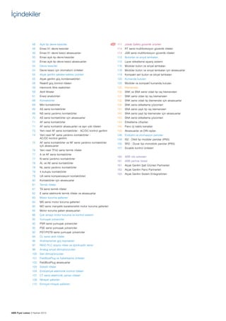 İçindekiler

48

Açık tip devre kesiciler

111

Jokab Safety güvenlik ürünleri

48

Emax X1 devre kesiciler

114

RT serisi multifonksiyon güvenlik röleleri

49

Emax X1 devre kesici aksesuarları

114

JSB serisi multifonksiyon güvenlik röleleri

50

Emax açık tip devre kesiciler

115

Butonlar ve sinyal lambaları

52

Emax açık tip devre kesici aksesuarları

115

Lazer etiketleme sipariş sistemi

54

Devre kesiciler

116

Modüler buton ve sinyal lambaları

54

Devre kesici için otomatizm üniteleri

118

Modüler buton ve sinyal lambaları için aksesuarlar

55

Alçak gerilim şebeke kalitesi ürünleri

119

Kompakt seri buton ve sinyal lambaları

55

Alçak gerilim güç kondansatörleri

120

Kumanda kutuları

58

Reaktif güç kontrol röleleri

120

Modüler ve kompakt kumanda kutuları

59

Harmonik filtre reaktörleri

122

Klemensler

59

Aktif filtreler

130

SNK ve SNA serisi vidalı tip ray klemensleri

61

Enerji analizörleri

131

SNK serisi vidalı tip ray klemensleri

68

Kontaktörler

132

SNK serisi vidalı tip klemensler için aksesuarlar

68

Mini kontaktörler

134

SNK serisi etiketleme çözümleri

69

AS serisi kontaktörler

141

SNA serisi yaylı tip ray klemensleri

69

NS serisi yardımcı kontaktörler

142

SNA serisi yaylı tip klemensler için aksesuarlar

70

AS serisi kontaktörler için aksesuarlar

143

SNA serisi etiketleme çözümleri

71

AF serisi kontaktörler

144

Etiketleme cihazları

71

AF serisi kontaktör aksesuarları ve aşırı yük röleleri

145

Pano içi kablo kanalları

73

Yeni nesil AF serisi kontaktörler - AC/DC kontrol gerilimi

145

Aksesuarlar ve DIN rayları

74

Yeni nesil NF serisi yardımcı kontaktörler AC/DC kontrol gerilimi

146

Endüstri ve otomasyon panoları

148

IS2 - Dikili tip modüler panolar (IP65)

AF serisi kontaktörler ve NF serisi yardımcı kontaktörler
için aksesuarlar

155

SR2 - Duvar tipi monoblok panolar (IP65)

157

Sıcaklık kontrol üniteleri

160

ABB ofis adresleri

161

ABB partner listesi

161

Alçak Gerilim Şalt Ürünleri Partnerleri

162

Alçak Gerilim Pano Partnerleri

163

Alçak Gerilim Sistem Entegratörleri

75
76

Yeni nesil TF42 serisi termik röleler

77

A ve AF serisi kontaktörler

77

N serisi yardımcı kontaktörler

78

AL ve AE serisi kontaktörler

78

NL serisi yardımcı kontaktörler

79

4 kutuplu kontaktörler

79

UA serisi kompanzasyon kontaktörleri

80

Kontaktörler için aksesuarlar

81

Termik röleler

81

TA serisi termik röleler

82

E serisi elektronik termik röleler ve aksesuarlar

83

Motor koruma şalterleri

84

MS serisi motor koruma şalterleri

85

MO serisi manyetik karakteristikli motor koruma şalterleri

85

Motor koruma şalteri aksesuarları

86

Çok amaçlı motor koruma ve kontrol sistemi

92

Yumuşak yolvericiler

92

PSR serisi yumuşak yolvericiler

92

PSE serisi yumuşak yolvericiler

92

PST/PSTB serisi yumuşak yolvericiler

94

CL serisi akıllı röleler

96

Anahtarlamalı güç kaynakları

97

R600 PLC arayüz rölesi ve optokuplör serisi

98

Analog sinyal dönüştürücüleri

100

Seri dönüştürücüler

101

FieldBusPlug ve haberleşme üniteleri

102

FieldBusPlug aksesuarlar

103

Soketli röleler

104

Endüstriyel elektronik kontrol röleleri

107

CT serisi elektronik zaman röleleri

109

Nihayet şalterleri

110

Emniyet nihayet şalterleri

ABB Fiyat Listesi 3 Haziran 2013

 