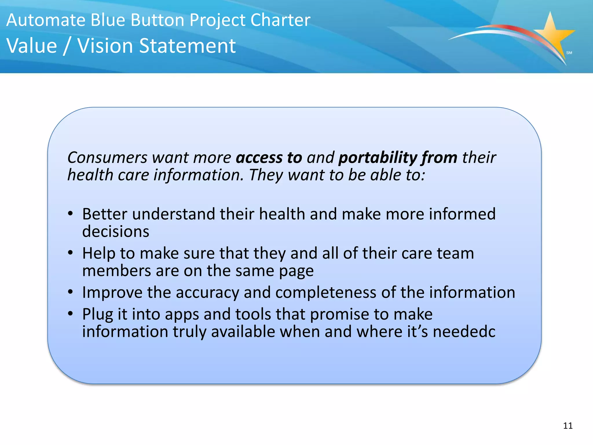 Automate Blue Button Project Charter
Value / Vision Statement



       Consumers want more access to and portability from their
       health care information. They want to be able to:

       • Better understand their health and make more informed
         decisions
       • Help to make sure that they and all of their care team
         members are on the same page
       • Improve the accuracy and completeness of the information
       • Plug it into apps and tools that promise to make
         information truly available when and where it’s neededc




                                                                    11
 