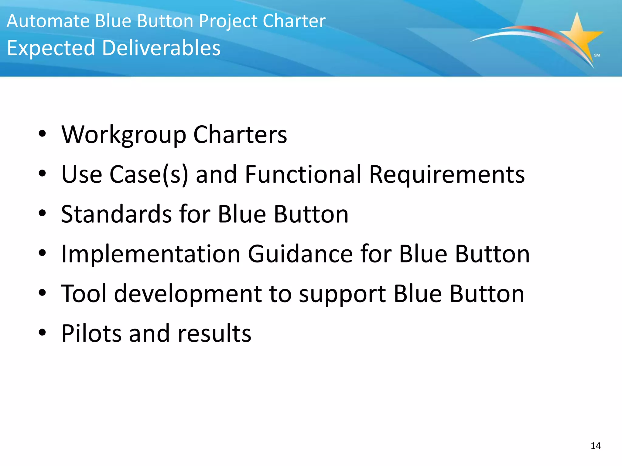 Automate Blue Button Project Charter
Expected Deliverables


   •   Workgroup Charters
   •   Use Case(s) and Functional Requirements
   •   Standards for Blue Button
   •   Implementation Guidance for Blue Button
   •   Tool development to support Blue Button
   •   Pilots and results


                                                 14
 