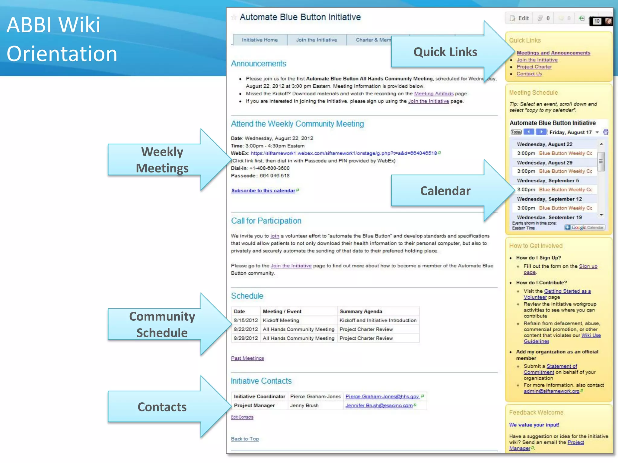 ABBI Wiki
Orientation               Quick Links




              Weekly
              Meetings
                           Calendar




              Community
               Schedule




               Contacts
 