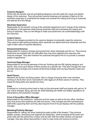 Costume Designer:
Works with the director and set and lighting designers and will create the visual and stylistic
design of the costumes. They will provide costume drawings and samples of fabrics for the
wardrobe supervisor to understand the design and oversee the making and hiring of costumes
and attends all of the fittings.
Wardrobe Supervisor:
Responsible for the smooth running of the wardrobe department and in charge of the ordering
and delivery of all costumes whilst training wardrobe staff and overseeing the making and
hiring of costumes. They run the fittings to make sure performers are comfortable/happy with
the costumes.
Cutters/Tailors:
Works to the designs provided by the costume designer to physically make the costumes.
They observe safe working practises within wardrobe and attend technical rehearsals and first
night to take notes of required alterations.
Dressers/maintenance:
Responsible for costume changes during technical, dress rehearsals and the run. They ensure
performers are assisted with any difficulties they may have regarding the costumes and
costume changes. They also maintain the costumes throughout the run to provide a constant
quality of appearance.
Technical Stage Manager:
Responsible for all moving elements of the set. Working with the PM, lighting designer and
flyman, they move each pieces of flown scenery to a specific bar. They also manage the crew
and plan scene changes and oversee all technical onstage work during production week and
the run.
Head Flyman:
Maintains the fly floor and flying system. Also in charge of training other crew members
working on the fly floor and is resonsible for safe rigging of all flown pieces of scenery. They
create the flying plots and operate the show.
Crew:
Employed on a show-by-show basis to help out the permanent staff and assists with get-ins, fit
ups, scene changes, flying, get outs etc whilst following the Health and Saftey regulations as
demanded by the production manager.
Front of House/Box Office Manager:
Responsible for the auditorium, restaurant and bar areas as well as the box office, therefore
they must ensure the audience are safe and secure. They manage and train bar/restaurant
staff whilst supporting them and they also hang the front of house displays with the publicity
manager.
Marketing/Publicity Manager:
Responsible for ‘selling’ the show (raising the public profile of the theatre.) They produce
leaflets, posters, advertising and organise the distribution, whilst arranging all the press and
photo calls with the performers in liason with the SM. With the artistic director and general
manager, they also attract sponsorship in order to raise funds and revenue (income.)
 