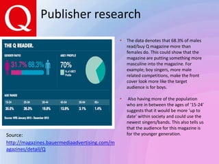Publisher research
http://magazines.bauermediaadvertising.com/m
agazines/detail/Q
Source:
• The data denotes that 68.3% of males
read/buy Q magazine more than
females do. This could show that the
magazine are putting something more
masculine into the magazine. For
example; boy singers, more male
related competitions, make the front
cover look more like the target
audience is for boys.
• Also having more of the population
who are in between the ages of ‘15-24’
suggests that it would be more ‘up to
date’ within society and could use the
newest singers/bands. This also tells us
that the audience for this magazine is
for the younger generation.
 