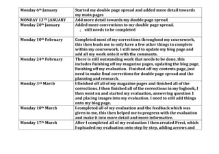 Monday 6th January Started my double page spread and added more detail towards
my main pages
MONDAY 13TH JANUARY Add more detail towards my double page spread
Monday 20th January Added more conventions to my double page spread.
- still needs to be completed
Monday 10th February Completed most of my corrections throughout my coursework,
this then leads me to only have a few other things to complete
within my coursework. I still need to update my blog page and
add all my work onto it with the comments.
Monday 24th February There is still outstanding work that needs to be done, this
includes finishing off my magazine pages, updating the blog page,
finishing off my evaluation. Finished off my contents page, just
need to make final corrections for double page spread and the
planning and research.
Monday 3rd March I finished off all of my magazine pages and finished all of the
corrections. I then finished all of the corrections in my logbook, I
then went on and started my evaluation, answering question 1
and placing images into my evaluation. I need to still add things
onto my blog page.
Monday 10th March I completed all of my evaluation and the feedback which was
given to me, this then helped me to progress with the evaluation
and make it into more detail and more informative.
Monday 17th March After I completed all of my evaluation I then created Prezi, which
I uploaded my evaluation onto step by step, adding arrows and
 