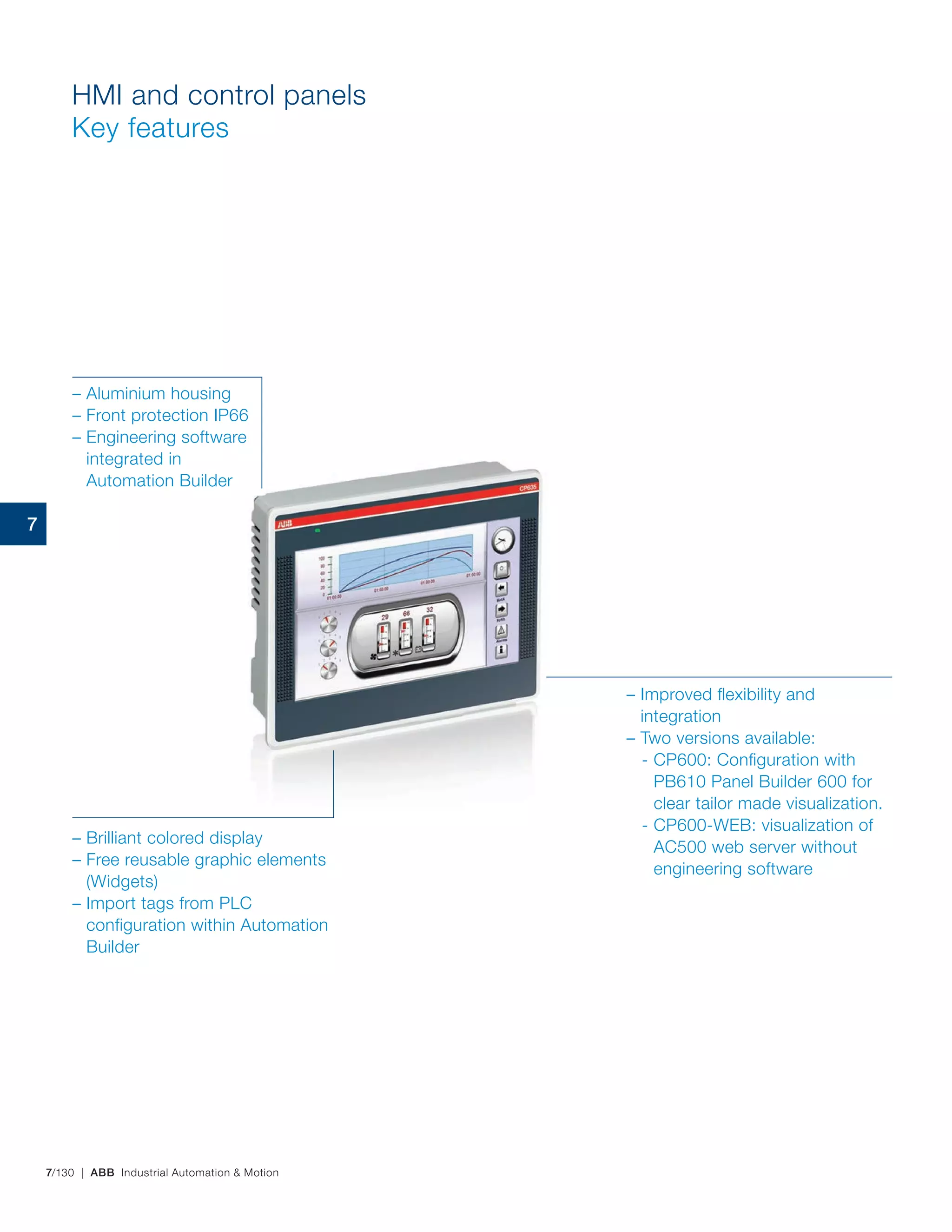 7/130 | ABB Industrial Automation & Motion
HMI and control panels
Key features
– Aluminium housing
– Front protection IP66
– Engineering software
integrated in
Automation Builder
– Improved flexibility and
integration
– Two versions available:
‑ CP600: Configuration with
PB610 Panel Builder 600 for
clear tailor made visualization.
- CP600-WEB: visualization of
AC500 web server without
engineering software
– Brilliant colored display
– Free reusable graphic elements
(Widgets)
– Import tags from PLC
configuration within Automation
Builder
7
 
