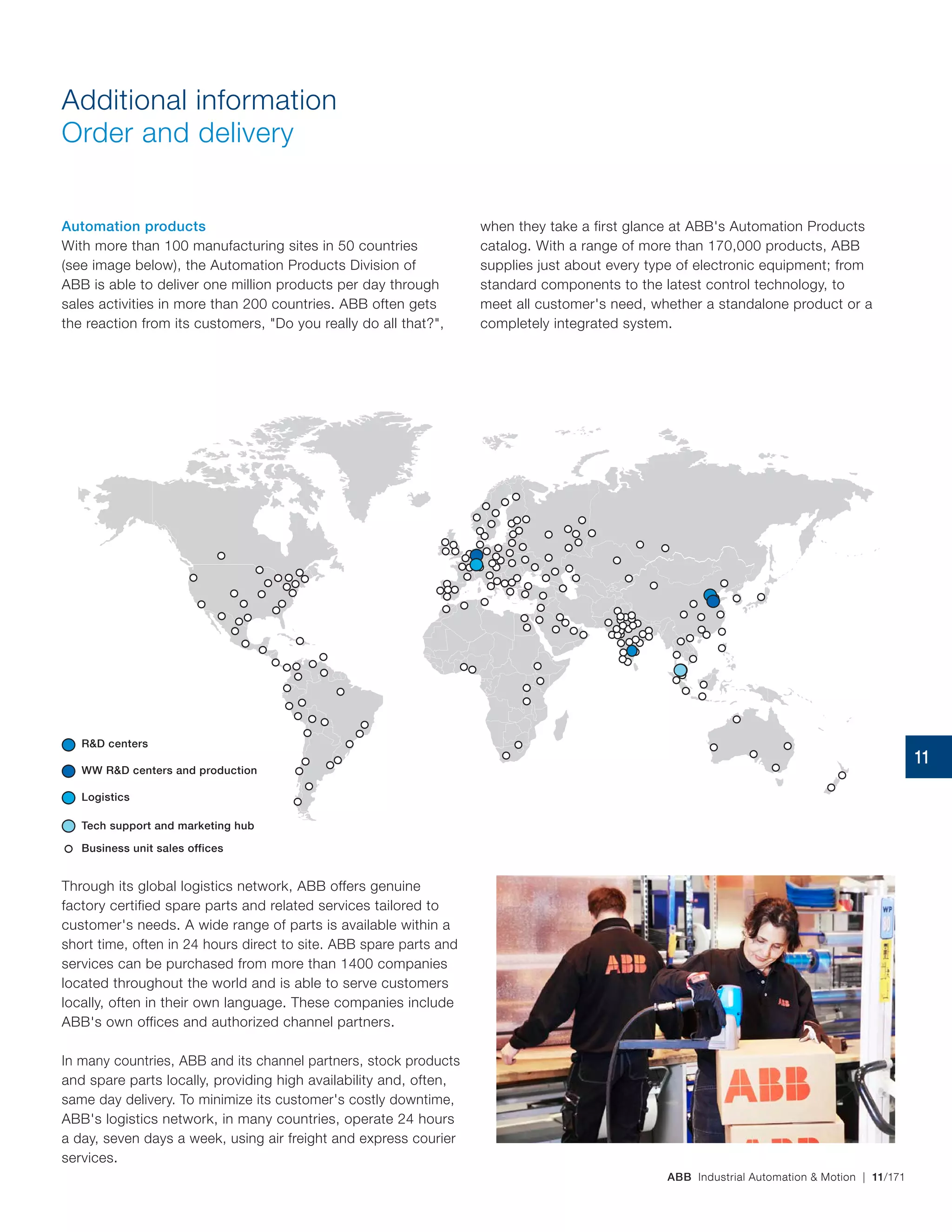 ABB Industrial Automation & Motion | 11/171
Additional information
Order and delivery
R&D centers
WW R&D centers and production
Logistics
Tech support and marketing hub
Business unit sales offices
Automation products
With more than 100 manufacturing sites in 50 countries
(see image below), the Automation Products Division of
ABB is able to deliver one million products per day through
sales activities in more than 200 countries. ABB often gets
the reaction from its customers, "Do you really do all that?",
when they take a first glance at ABB's Automation Products
catalog. With a range of more than 170,000 products, ABB
supplies just about every type of electronic equipment; from
standard components to the latest control technology, to
meet all customer's need, whether a standalone product or a
completely integrated system.
Through its global logistics network, ABB offers genuine
factory certified spare parts and related services tailored to
customer's needs. A wide range of parts is available within a
short time, often in 24 hours direct to site. ABB spare parts and
services can be purchased from more than 1400 companies
located throughout the world and is able to serve customers
locally, often in their own language. These companies include
ABB's own offices and authorized channel partners.
In many countries, ABB and its channel partners, stock products
and spare parts locally, providing high availability and, often,
same day delivery. To minimize its customer's costly downtime,
ABB's logistics network, in many countries, operate 24 hours
a day, seven days a week, using air freight and express courier
services.
11
 