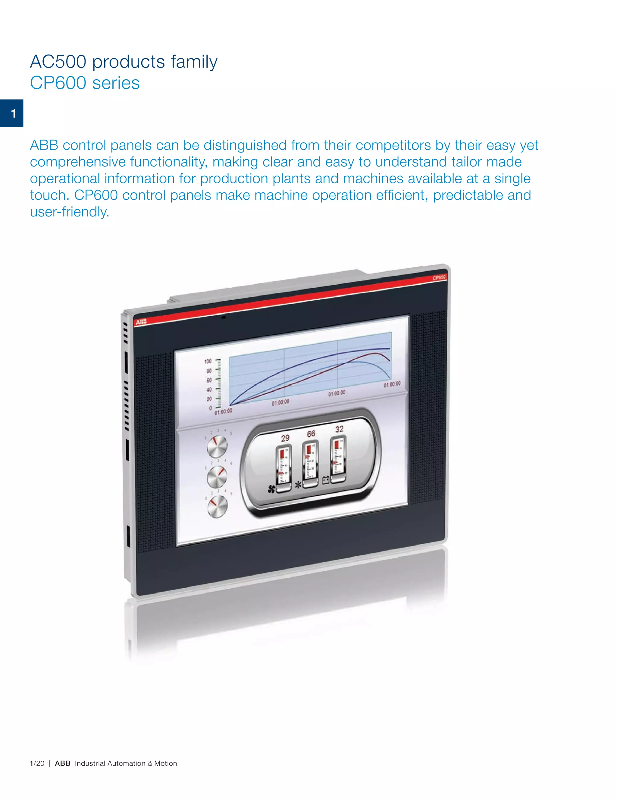 1/20 | ABB Industrial Automation & Motion
AC500 products family
CP600 series
ABB control panels can be distinguished from their competitors by their easy yet
comprehensive functionality, making clear and easy to understand tailor made
operational information for production plants and machines available at a single
touch. CP600 control panels make machine operation efficient, predictable and
user-friendly.
1
 