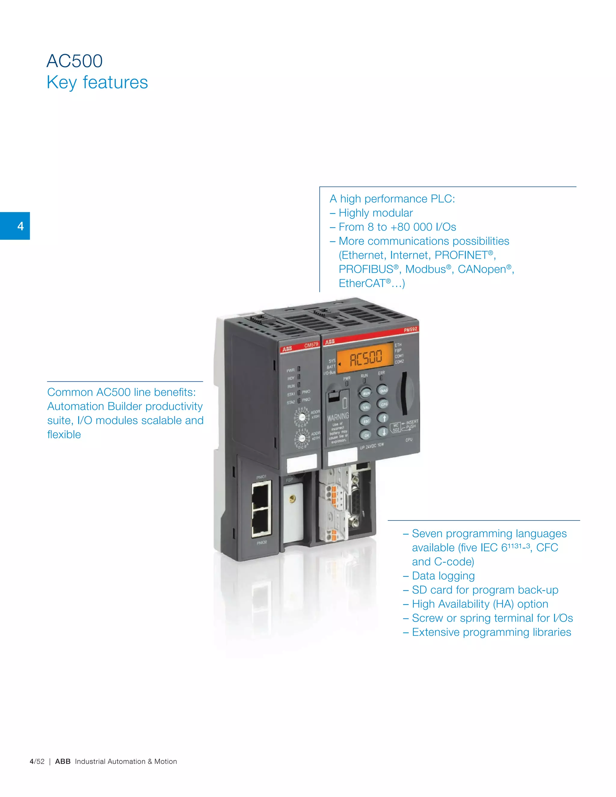 4/52 | ABB Industrial Automation & Motion
AC500
Key features
Common AC500 line benefits:
Automation Builder productivity
suite, I/O modules scalable and
flexible
A high performance PLC:
– Highly modular
– From 8 to +80 000 I/Os
– More communications possibilities
(Ethernet, Internet, PROFINET®
,
PROFIBUS®
, Modbus®
, CANopen®
,
EtherCAT®
…)
– Seven programming languages
available (five IEC 61131‑3, CFC
and C-code)
– Data logging
– SD card for program back‑up
– High Availability (HA) option
– Screw or spring terminal for I/Os
– Extensive programming libraries
4
 