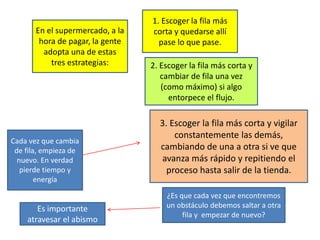 En el supermercado, a la
hora de pagar, la gente
adopta una de estas
tres estrategias:
1. Escoger la fila más
corta y quedarse allí
pase lo que pase.
2. Escoger la fila más corta y
cambiar de fila una vez
(como máximo) si algo
entorpece el flujo.
3. Escoger la fila más corta y vigilar
constantemente las demás,
cambiando de una a otra si ve que
avanza más rápido y repitiendo el
proceso hasta salir de la tienda.
Cada vez que cambia
de fila, empieza de
nuevo. En verdad
pierde tiempo y
energía
¿Es que cada vez que encontremos
un obstáculo debemos saltar a otra
fila y empezar de nuevo?
Es importante
atravesar el abismo
 