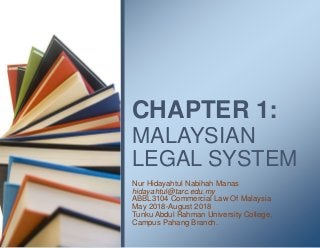 CHAPTER 1:
MALAYSIAN
LEGAL SYSTEM
Nur Hidayahtul Nabihah Manas
hidayahtul@tarc.edu.my
ABBL3104 Commercial Law Of Malaysia
May 2018-August 2018
Tunku Abdul Rahman University College,
Campus Pahang Branch.
 