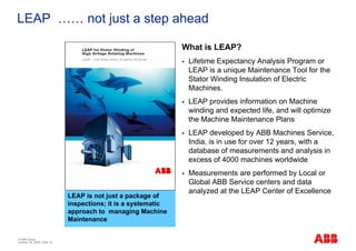 LEAP …… not just a step ahead

                                                                What is LEAP?
                                                                 Lifetime Expectancy Analysis Program or
                                                                 LEAP is a unique Maintenance Tool for the
                                                                 Stator Winding Insulation of Electric
                                                                 Machines.
                                                                 LEAP provides information on Machine
                                                                 winding and expected life, and will optimize
                                                                 the Machine Maintenance Plans
                                                                 LEAP developed by ABB Machines Service,
                                                                 India, is in use for over 12 years, with a
                                                                 database of measurements and analysis in
                                                                 excess of 4000 machines worldwide
                                                                 Measurements are performed by Local or
                                                                 Global ABB Service centers and data
                                                                 analyzed at the LEAP Center of Excellence
                              LEAP is not just a package of
                              inspections; it is a systematic
                              approach to managing Machine
                              Maintenance

© ABB Group
October 29, 2009 | Slide 14
 
